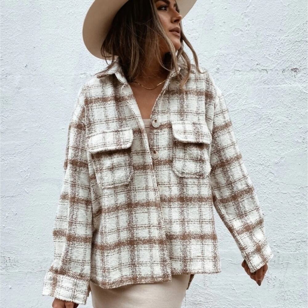 Sunday Up Plaid Shacket Cream Taupe Neutral Oversized Shirt Jacket Medium NEW